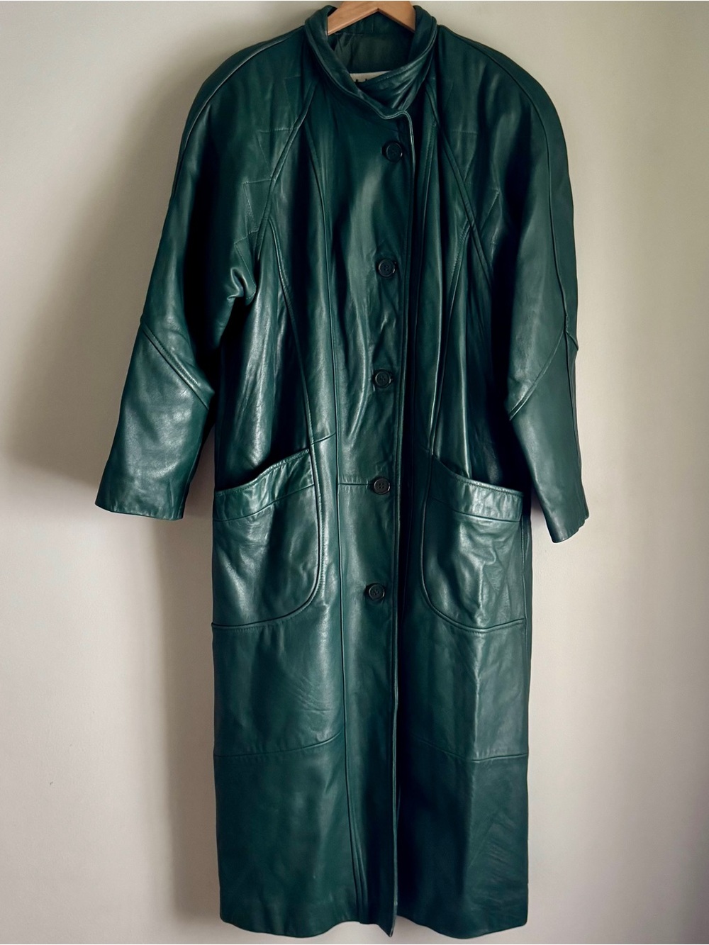 Vintage 90’s LNR Long Leather Coat in Deep Green Snap Button Closure Sz Medium